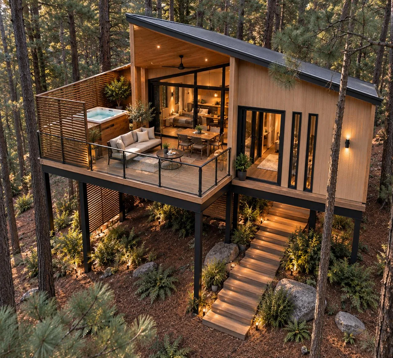 Cabaña contemporánea sobre pilotes con terraza acristalada, rodeada de bosque y escaleras de acceso.