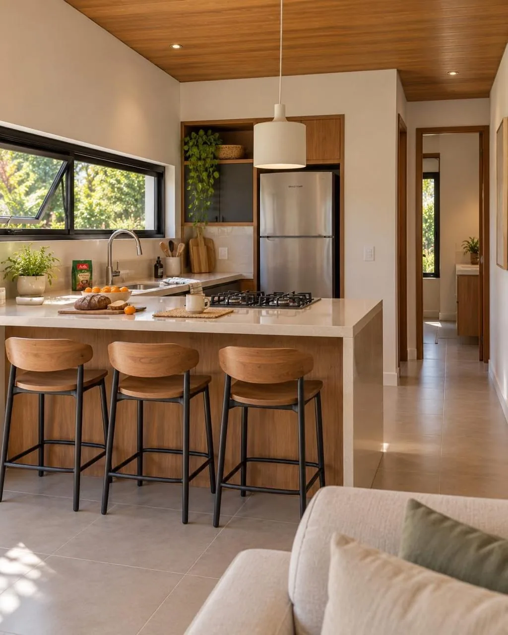 Cocina luminosa con isla central, barra de desayuno y alacena de madera clara.