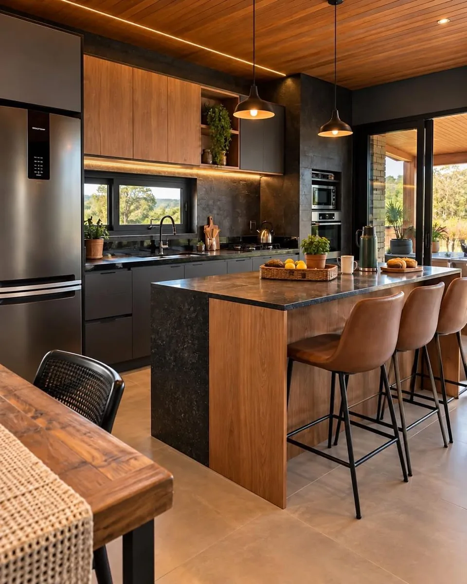 Cocina contemporánea con alacena de madera y barra central.