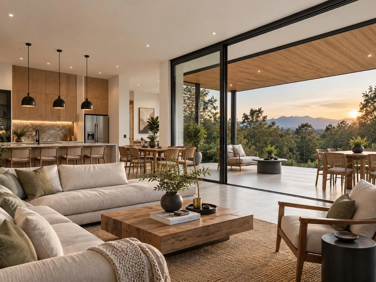 Estancia interior con muros claros y canceles corredizos abiertos hacia una terraza y el paisaje.