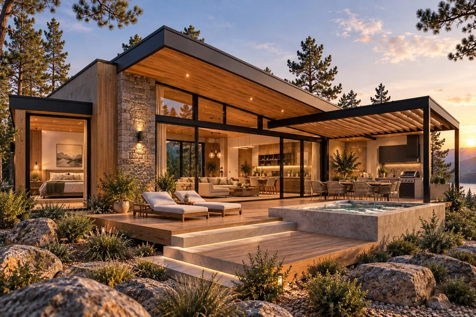 Residencia de una planta con alberca y terraza, al atardecer.