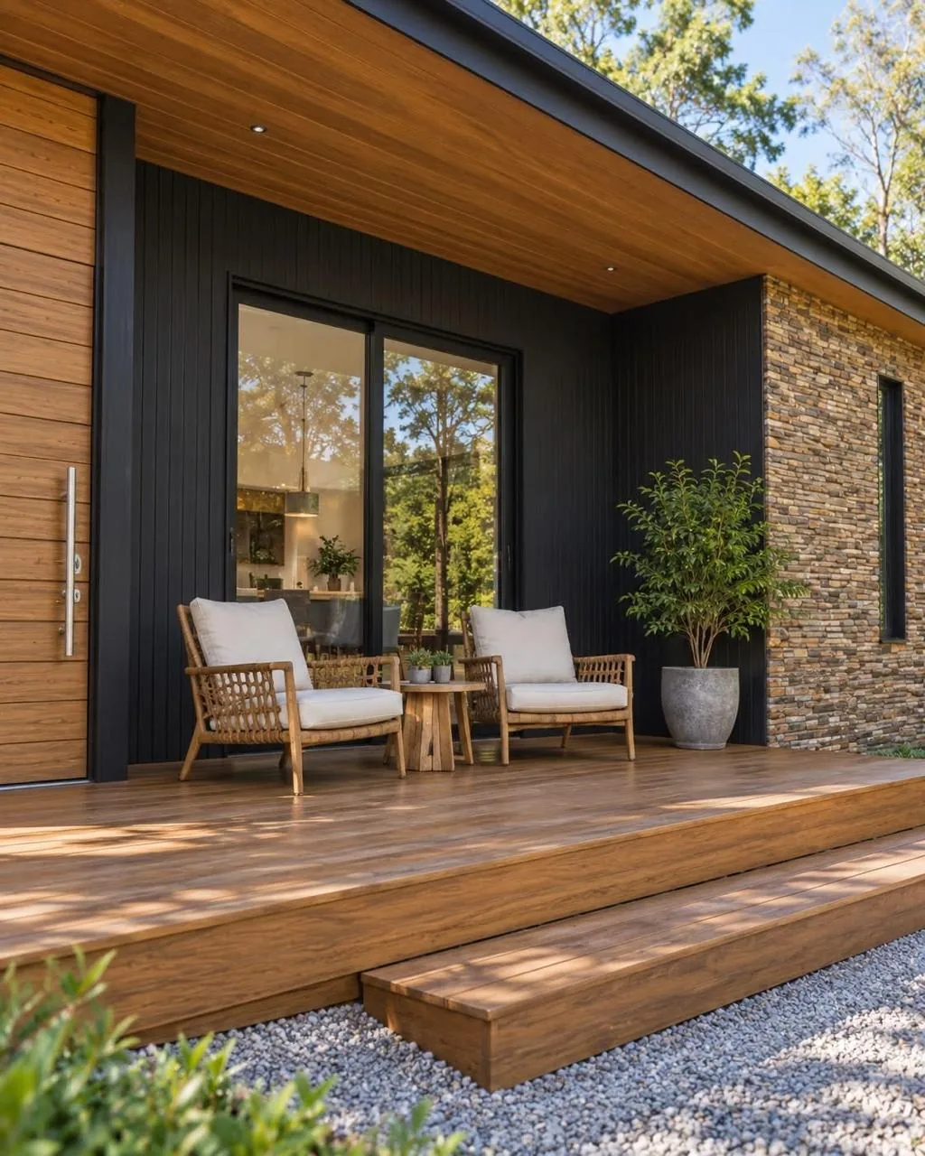 Terraza de madera con dos sillones y fachada oscura contrastada con muro de piedra.